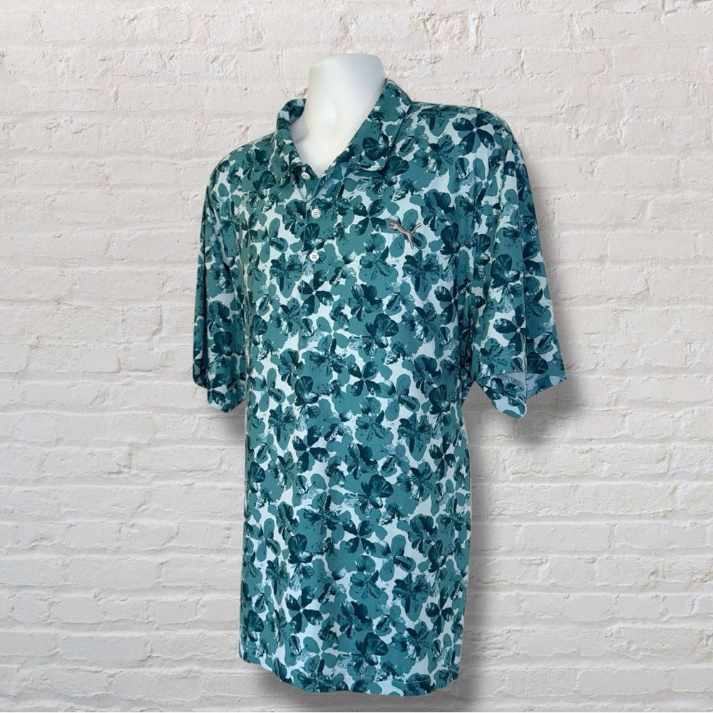 PUMA Golf Polo Shirt XXL Teal Green Floral Performance DryCELL
